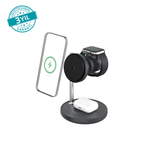 ttec AirCharger Breeze Pro 2 Qi2.2/MagSafe Özellikli 25W iPhone/Android 3ü 1 Arada iPhone + Apple/Samsung Watch + AirPods Katlanabilir Kablosuz Hızlı Şarj Standı