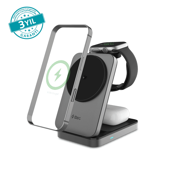 ttec AirCharger Fold Pro 2 Qi2.2/MagSafe Özellikli 25W iPhone/Android 3ü 1 Arada iPhone + Apple Watch + AirPods Katlanabilir Kablosuz Hızlı Şarj Standı