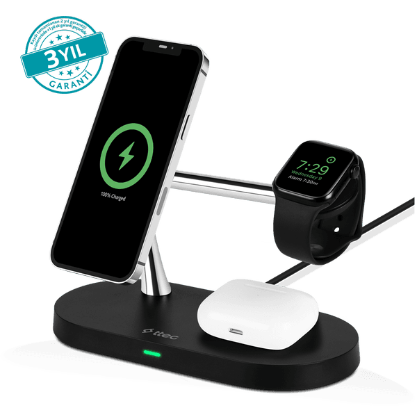 ttec AirCharger Quattro M MagSafe Uyumlu 4'ü 1 Arada iPhone + Apple Watch + AirPods LED Aydınlatmalı Kablosuz Şarj Standı