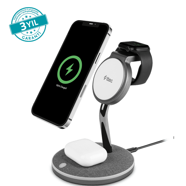 ttec AirCharger Trio M MagSafe Uyumlu 3'ü 1 Arada iPhone + Apple Watch + AirPods Kablosuz Şarj Standı