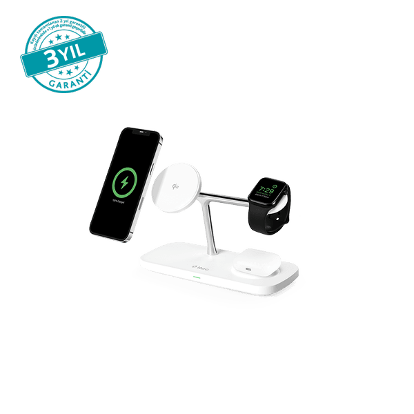 ttec AirCharger Trio Pro Qi2/MagSafe Özellikli 15W iPhone/Android 3'ü 1 Arada iPhone + Apple Watch + AirPods Kablosuz Hızlı Şarj Standı