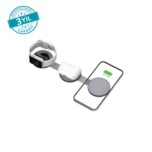ttec AirCharger Trio Pro Qi2/MagSafe Özellikli 15W 3'ü 1 Arada iPhone + Apple Watch + AirPods Katlanabilir Seyahat Kablosuz Hızlı Şarj Pedi