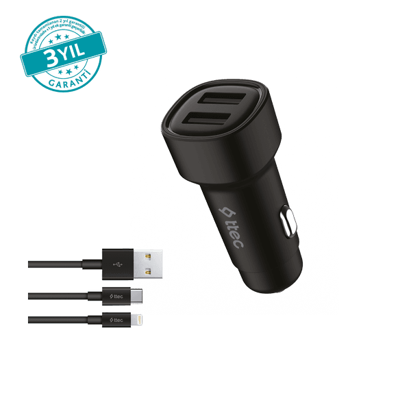 ttec SmartCharger Duo 3.1A Araç Şarj Aleti Çift USB + USB-C ve Lightning Kablo