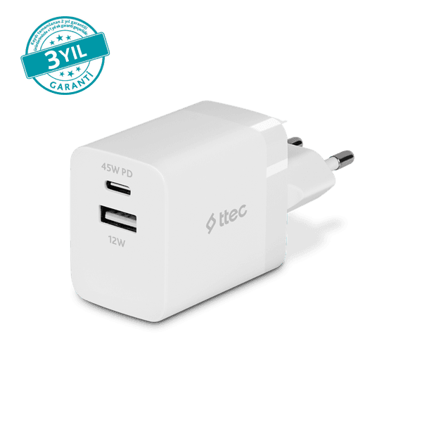 ttec SmartCharger Duo PD 45W Seyahat Hızlı Şarj Aleti USB-C + USB-A