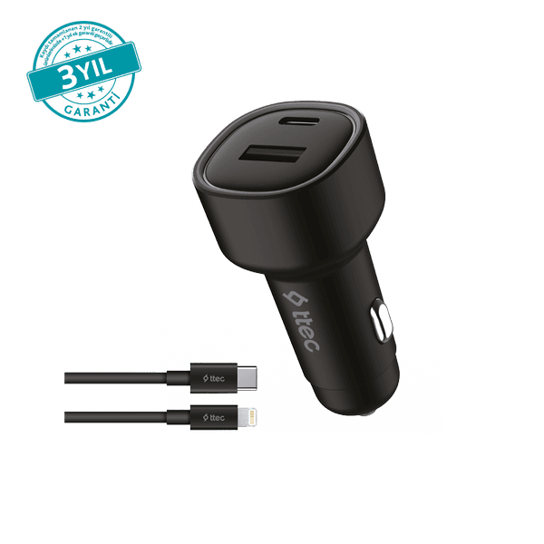 ttec SmartCharger Duo PD 48W Araç Hızlı Şarj Aleti USB-C+USB-A - USB-C-Lightning Kablo