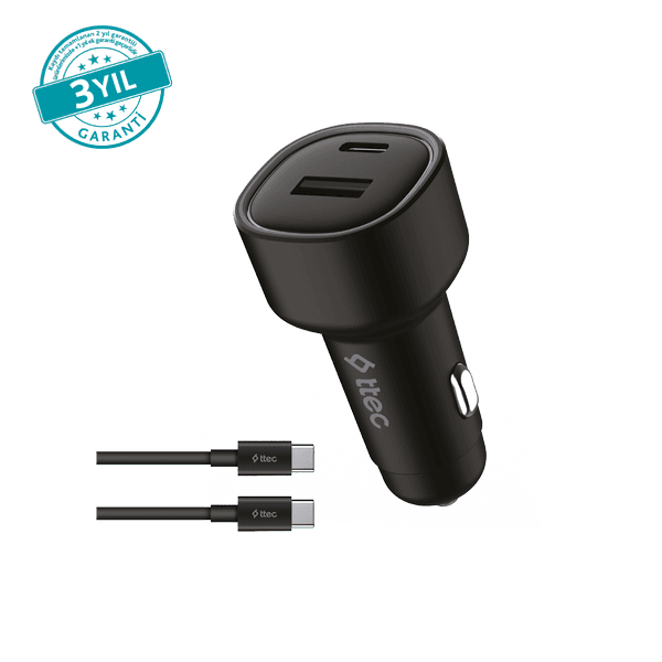 ttec SmartCharger Duo PD 48W Araç Hızlı Şarj Aleti USB-C+USB-A - USB-C-USB-C 3A Kablo