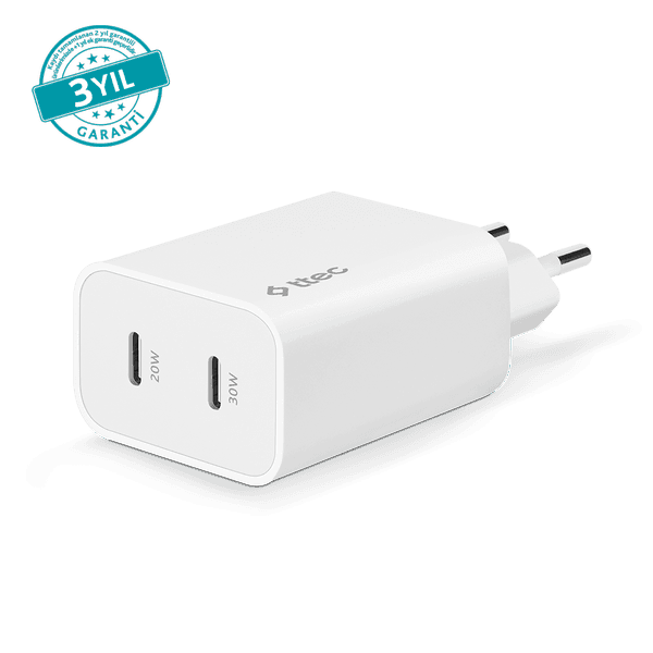 ttec SmartCharger Duo Pro GaN 50W PD Seyahat Hızlı Şarj Aleti USB-C + USB-C