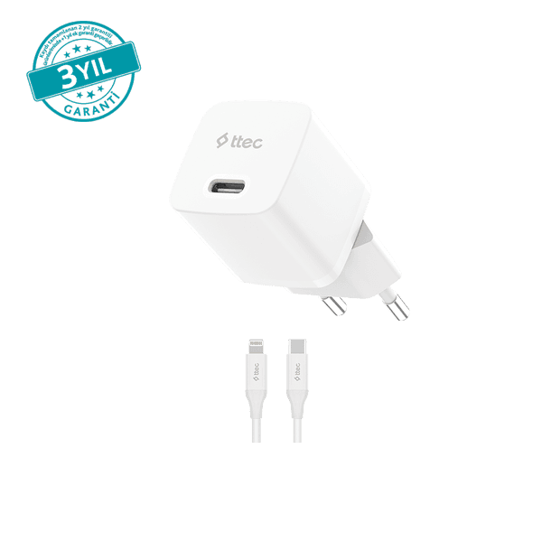 ttec SmartCharger GAN 20W PD Seyahat Hızlı Şarj Aleti + USB-C - Lightning 150cm Kablo