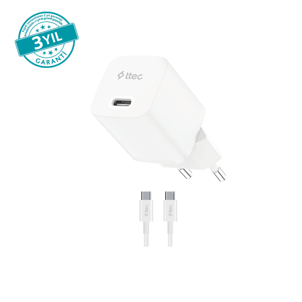 ttec SmartCharger GAN 20W PD Seyahat Hızlı Şarj Aleti + USB-C - USB-C 60W Kablo