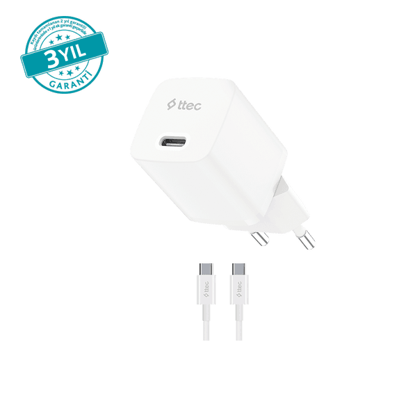 ttec SmartCharger GAN 30W PD Seyahat Hızlı Şarj Aleti + USB-C - USB-C 3A Kablo