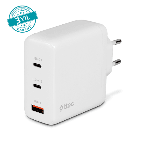 ttec SmartCharger Trio GaN 120W PD Seyahat Hızlı Şarj Aleti 2 USB-C + USB-A