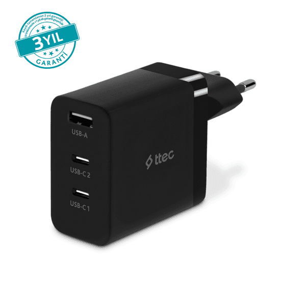ttec SmartCharger Trio GaN 65W PD Seyahat Hızlı Şarj Aleti 2 USB-C + USB-A