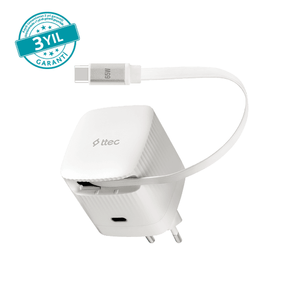 ttec SmartCharger Duo GAN 65W PD Seyahat Hızlı Şarj Aleti USB-C + Dahili PD 65W 70cm USB-C Şarj Kablosu