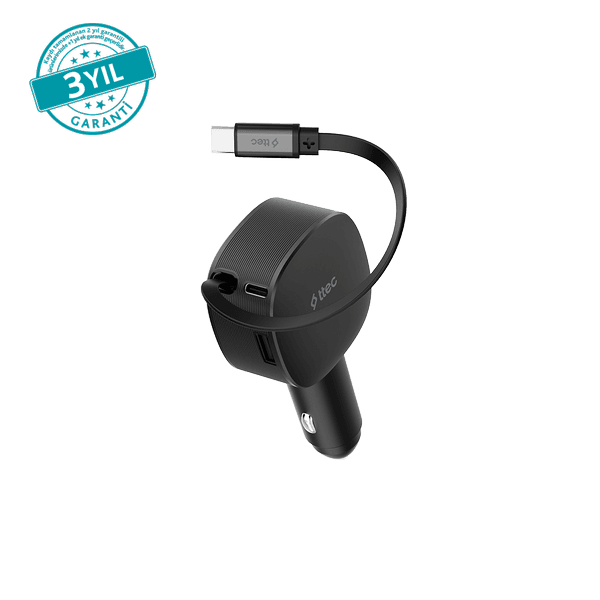 ttec SmartCharger Trio PD 60W Araç Hızlı Şarj Aleti USB-C+USB-A + Dahili PD 30W 70cm USB-C Şarj Kablosu